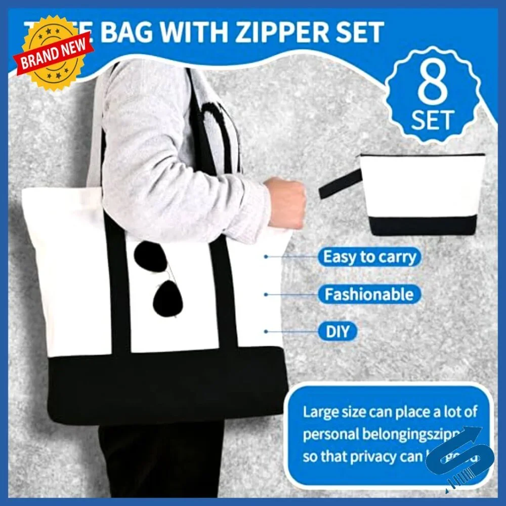 Canvas Tote Bags Set with Makeup Pouches Reusable Zippered Grocery Travel